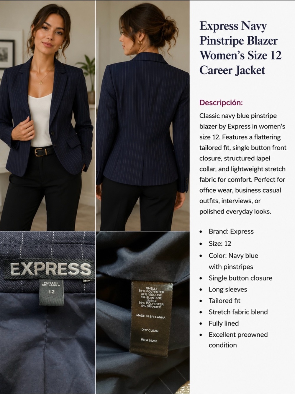 Express Navy Pinstripe Blazer Women’s Size 12 Career Jacket